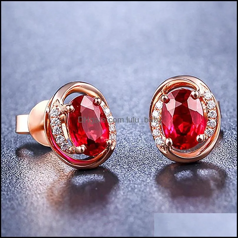 gold earrings for women jewelry accessories oval ruby zircon gemstone stud earrings for wedding party gift wholesale