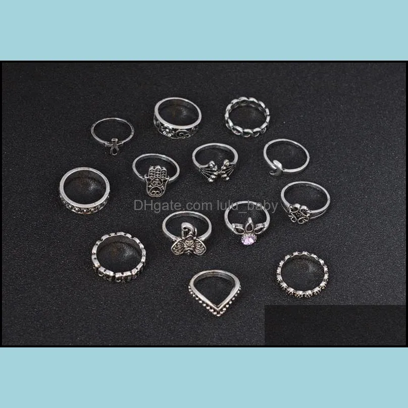 bohemian retro crown gem big palm elephant 13 piece set ring women`s crystal joint ring set punk gift