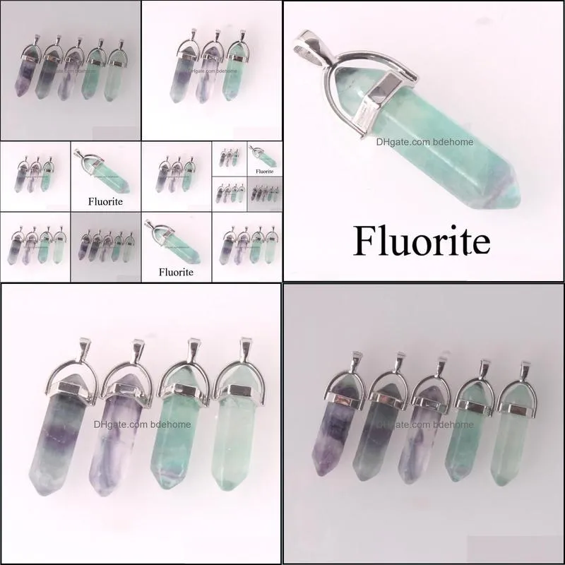 fluorite pendulum hexagon prism crystal natural stone pendant bullet quartz charms women men necklace finding jewelry