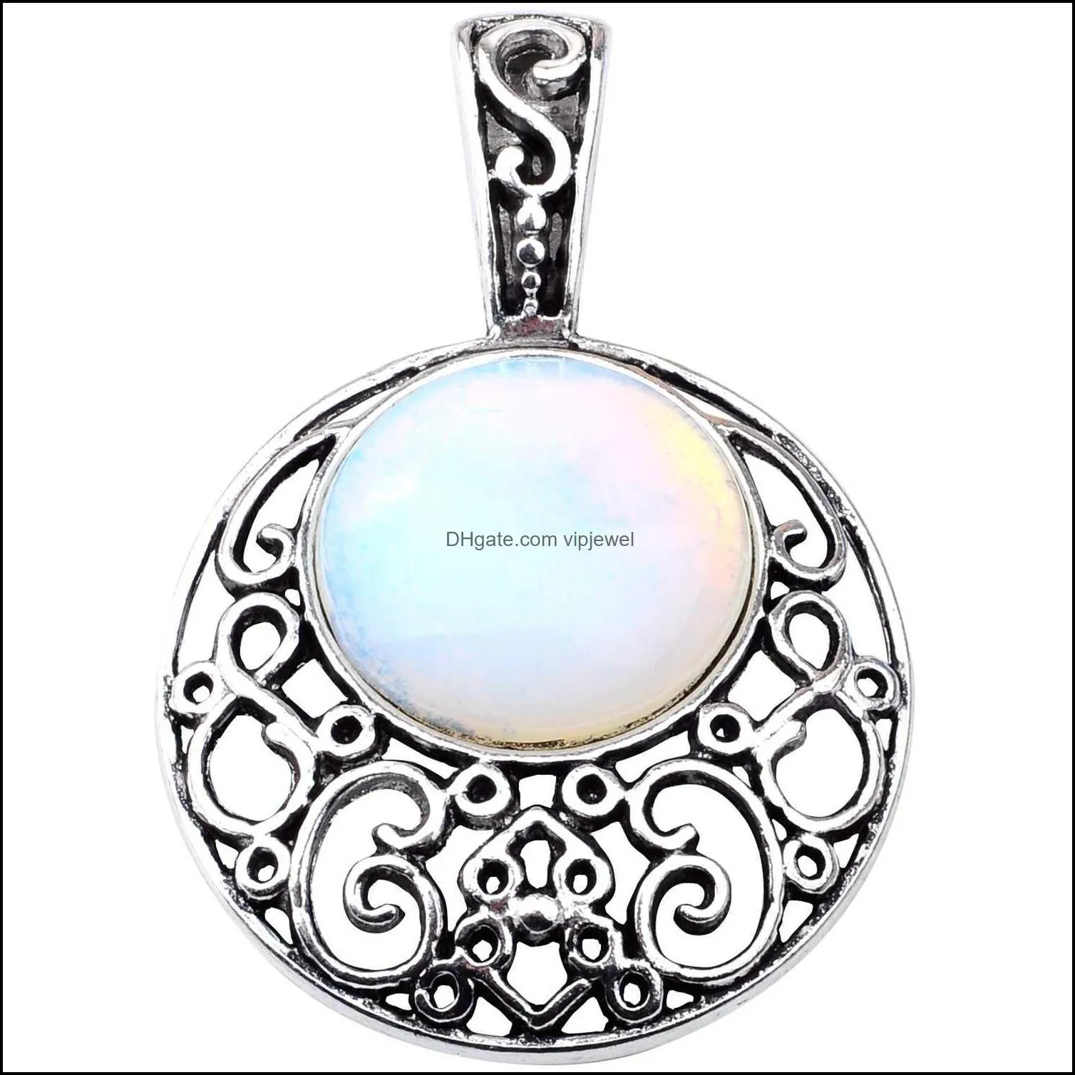 semi precious stone opal & opalite pendants 40mm plated silver alloy 20mm cabochon crystal women necklace jewelry 60cm chain