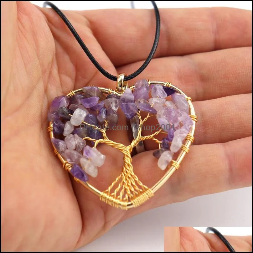 gold natural stone pendants heart shape reiki heal tree of life crystal necklace wire wrap stones rose quartz necklace pendulum chakra