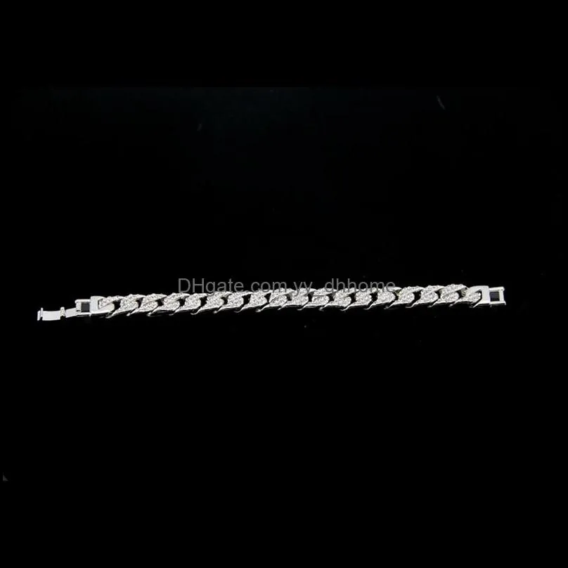 men`s women`s chain hiphop curb bracelet cuban silver gold-plated bracelet with clear rhinestones 12 pieces
