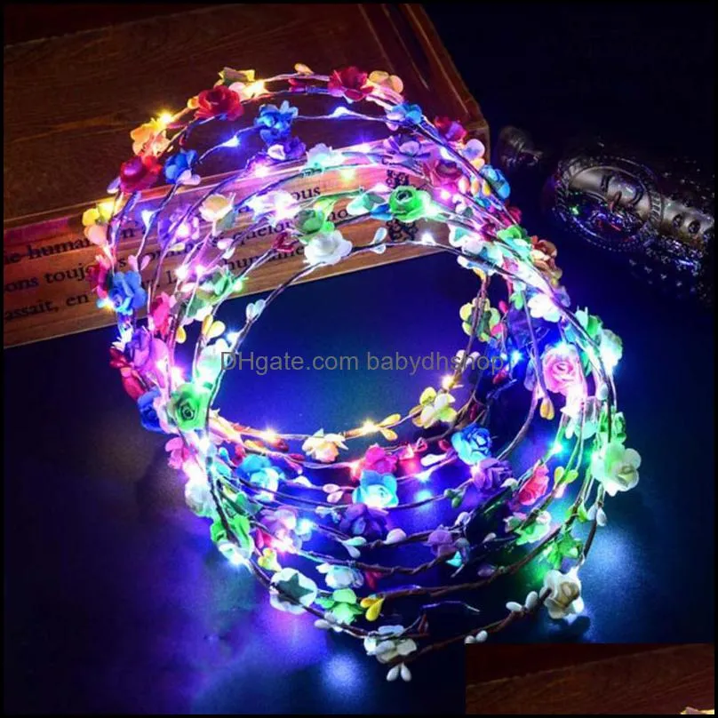 20pcs/ hot colorful christmas party glowing wreath halloween crown flower headband women girls led light up hair wreath hairband