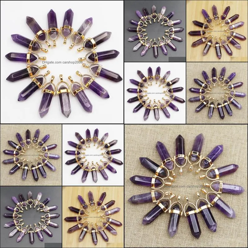 natural stone amethyst hexagon prism shape gold charms pendants for healing crystals stones jewelry making