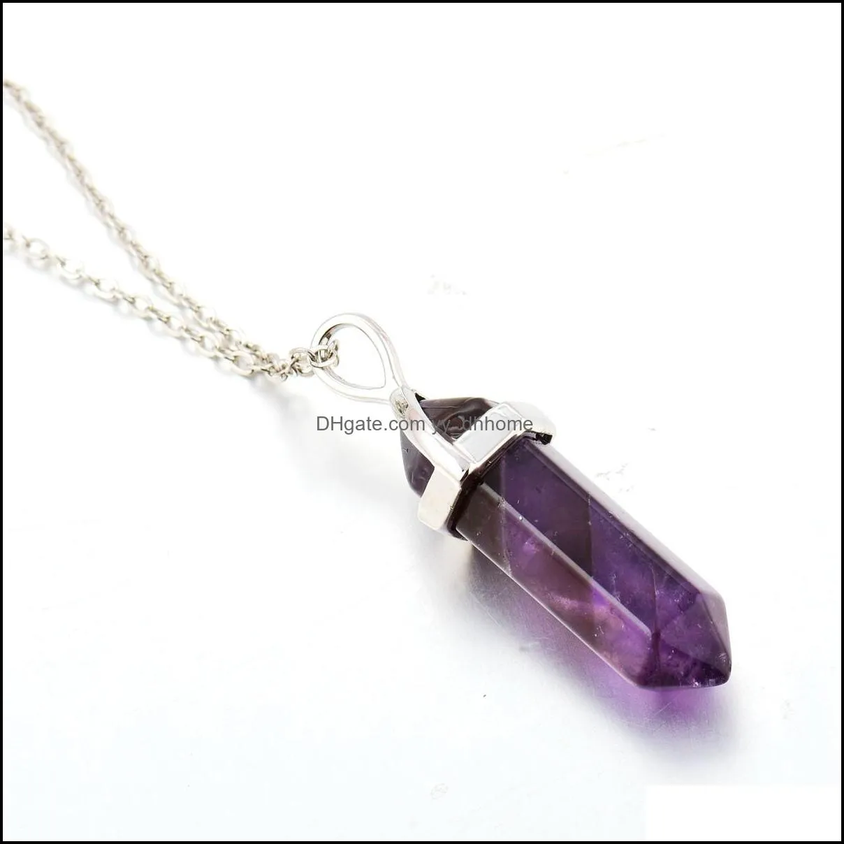 natural stone bullet shape pendant necklaces chains hexagonal prism chakra reiki crystal jewelry for women men