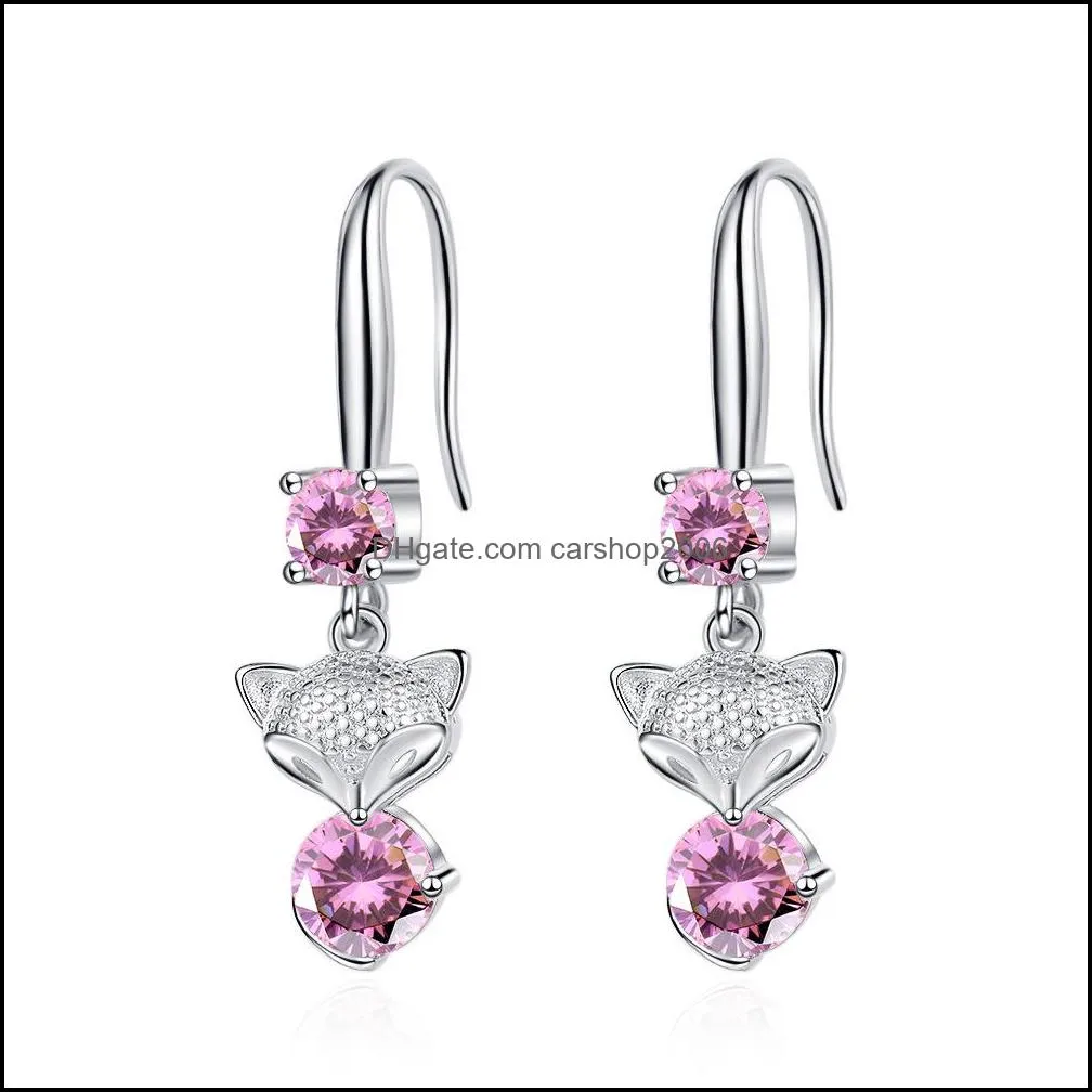 s925 stamp silver plated crystal fox charms pink blue white zircon earrings tassel hook type women`s fashion jewelry earrings wedding party