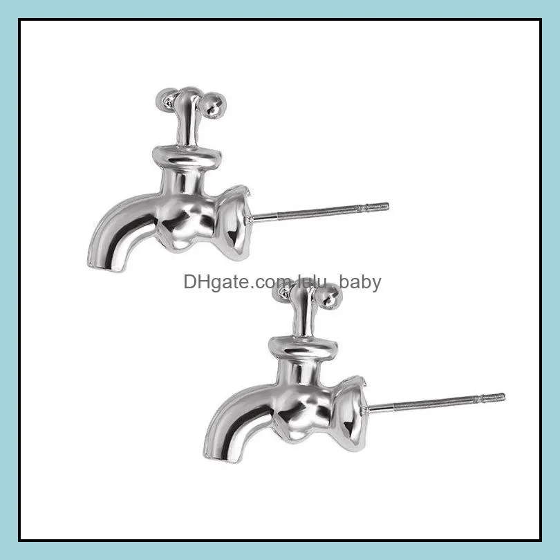 faucet earring unique funny black silver color enamel 3d faucet stud earrings for cool women men jewelry three-dimensional faucet