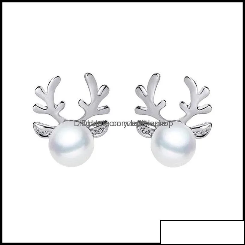 stud earrings jewelry luxury pearl antlers christmas reindeer elk animal rhinestone crystal sier for women girls fashion drop delivery