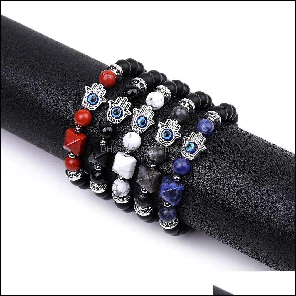 silver hand evil eye healing crystal pyramid beads bracelets for women men strands reiki positive energy gemstone bangle chakra orgone matte onyx