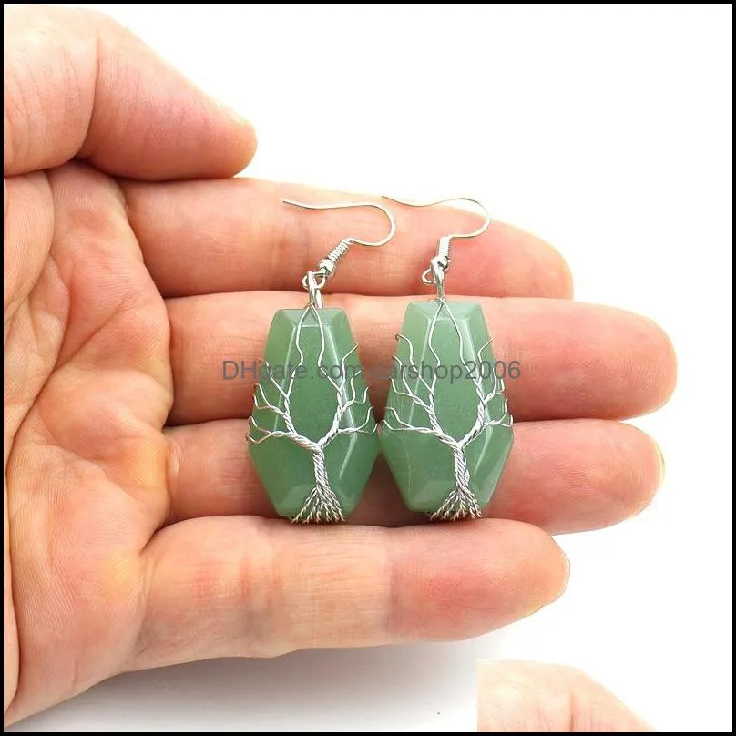 natural stone crystal agate dangle earrings wrap tree of life lucky treature coffin shape charms earrings wholesale women jewelry