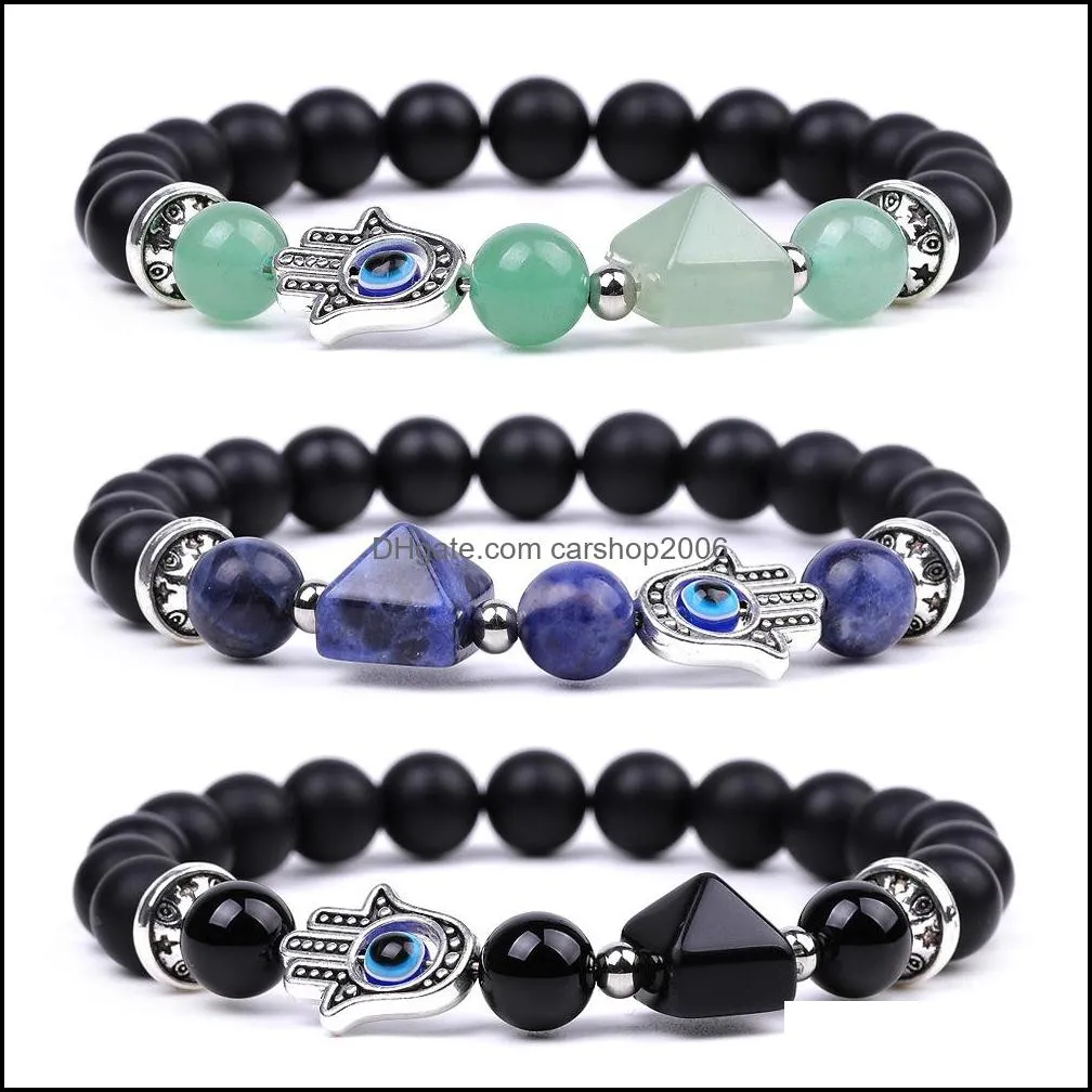 silver hand evil eye healing crystal pyramid beads bracelets for women men strands reiki positive energy gemstone bangle chakra orgone matte onyx