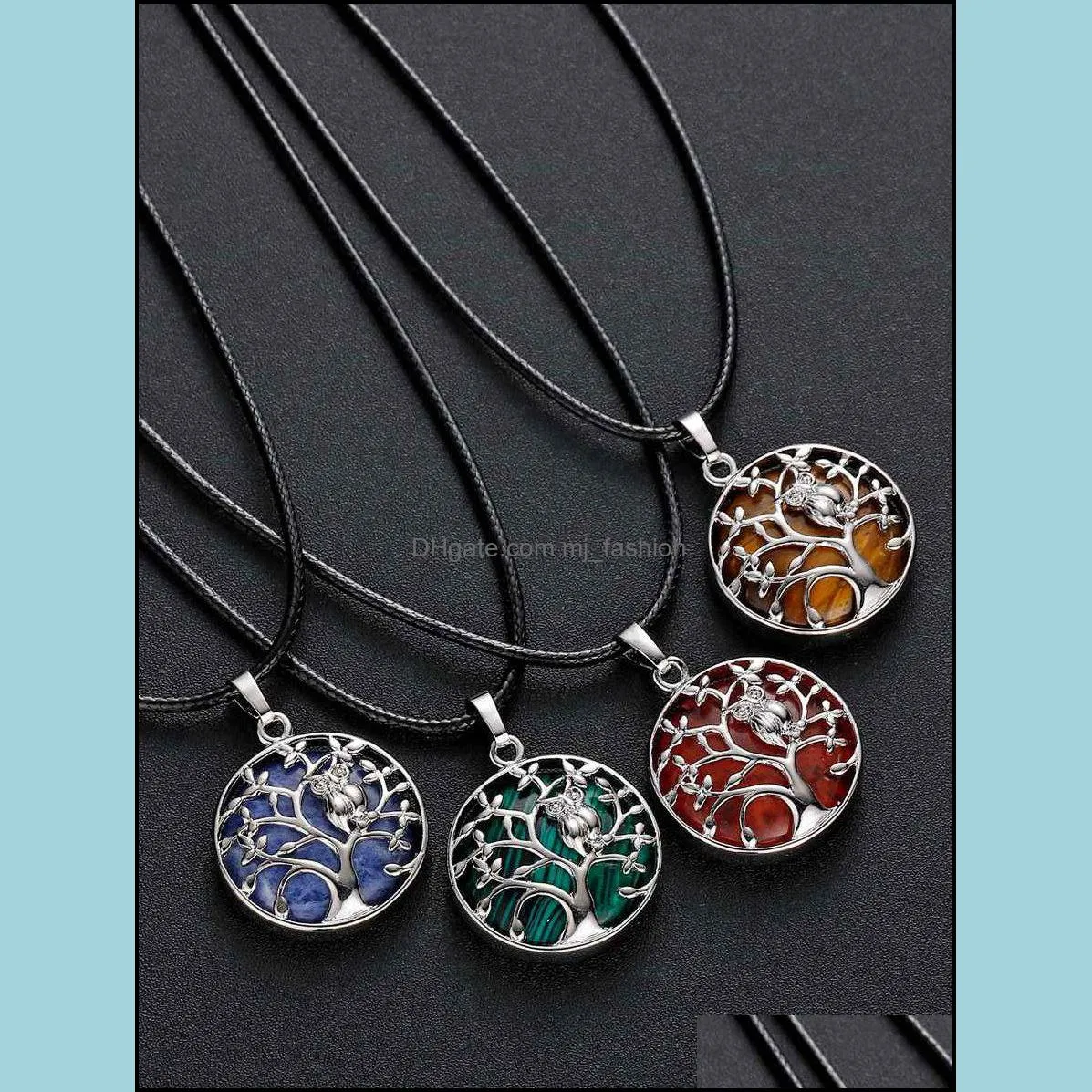 sterling silver owl tree of life gemstone pendant necklace with 18 inch chain round stones pendants for women and men