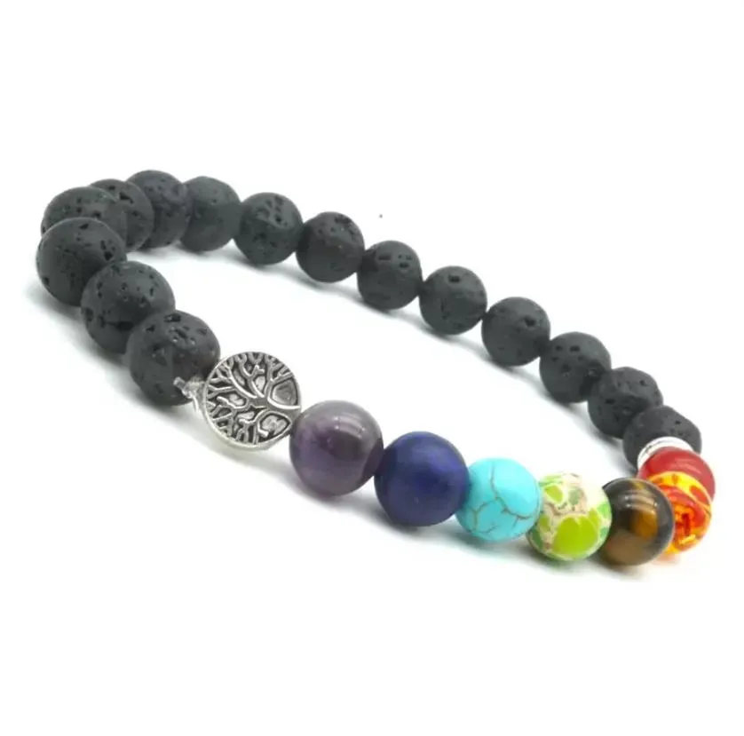 seven chakras tree of life charms 8mm black lava stone beads diy aromatherapy  oil diffuser bracelet yoga jewelry