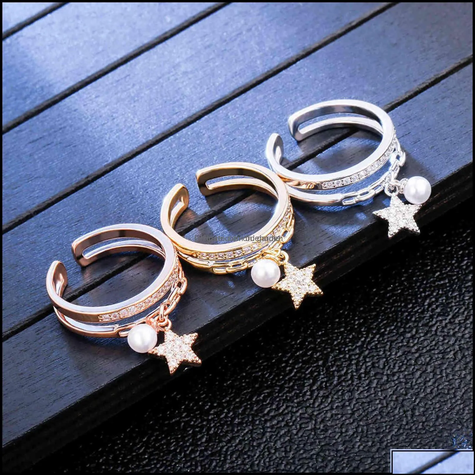 band rings jewelry gold sier color ring for women classic adjustable size plus imitation pearl cz star pendant elegant aessories 2021 drop