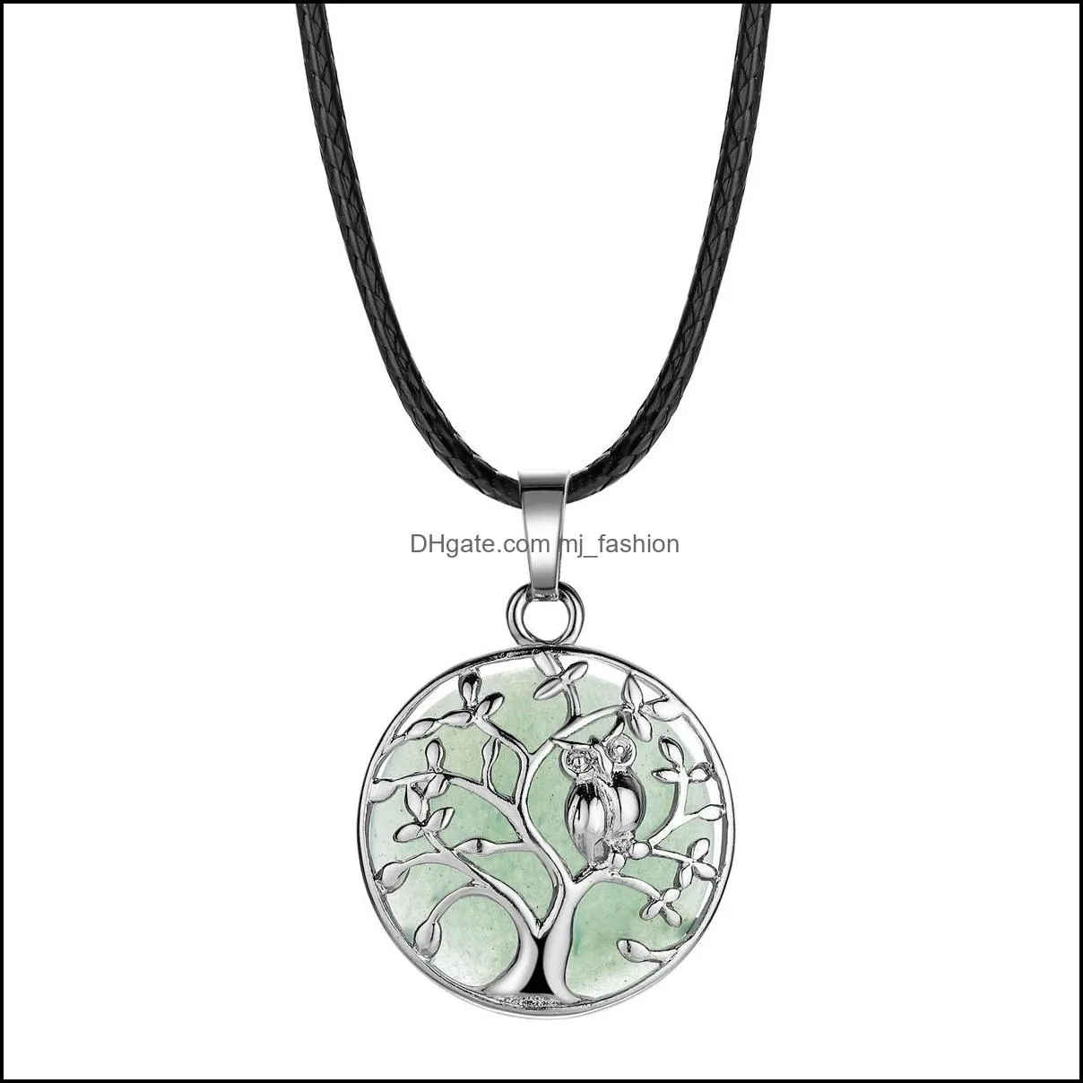 sterling silver owl tree of life gemstone pendant necklace with 18 inch chain round stones pendants for women and men