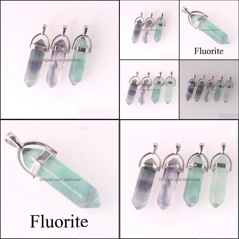 fluorite pendulum hexagon prism crystal natural stone pendant bullet quartz charms women men necklace finding jewelry