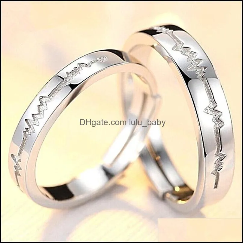2pcs love heart electrocardiogram couple adjustable rings for lover valentine`day gift silver engagement wedding ring set