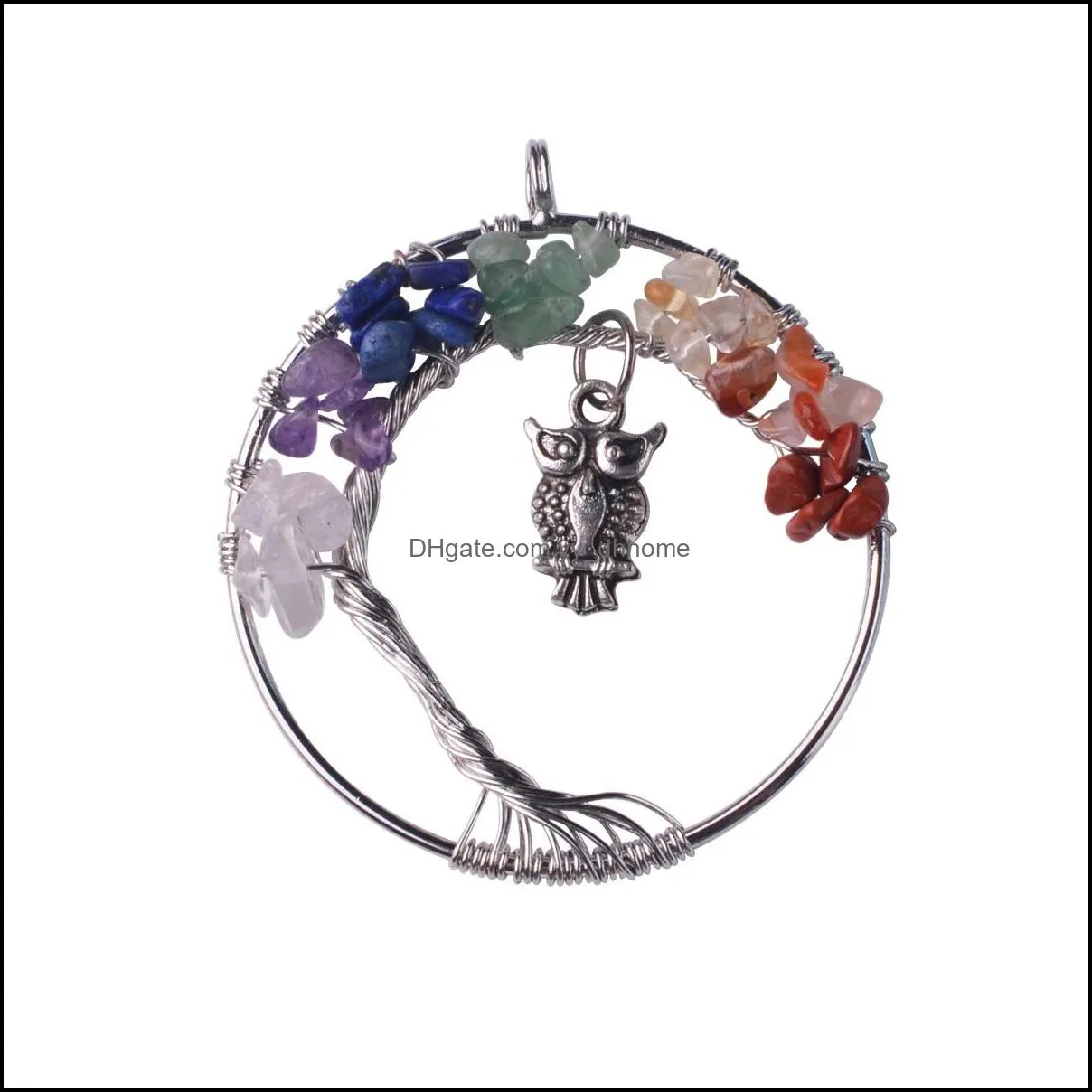 owl pendant men and women fashion rainbow 7 chakras life tree quartz necklace multicolor natural stone