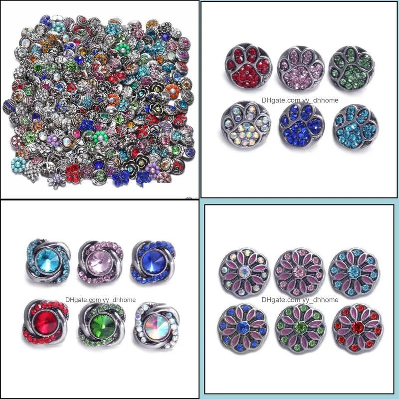 12mm mixed rhinestone flower snap button jewelry components black metal snaps buttons fit bracelet bangle noosa