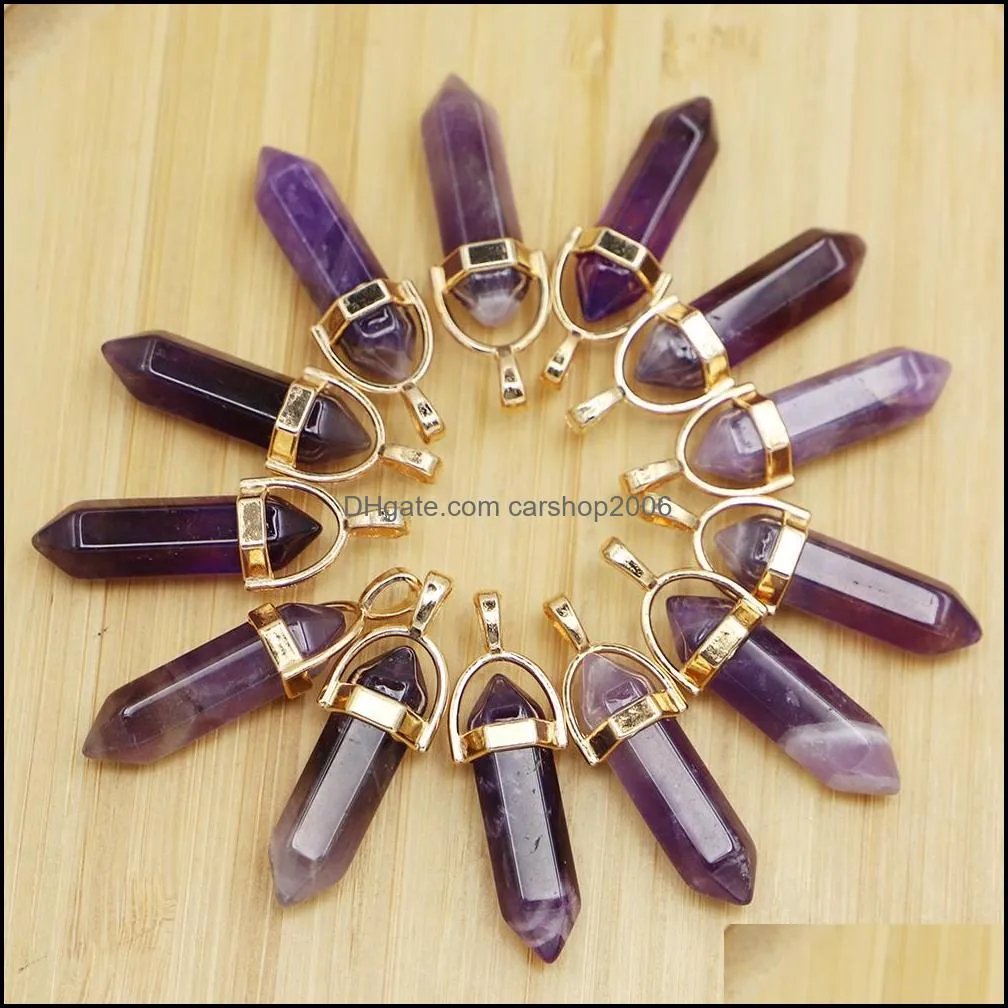 natural stone amethyst hexagon prism shape gold charms pendants for healing crystals stones jewelry making