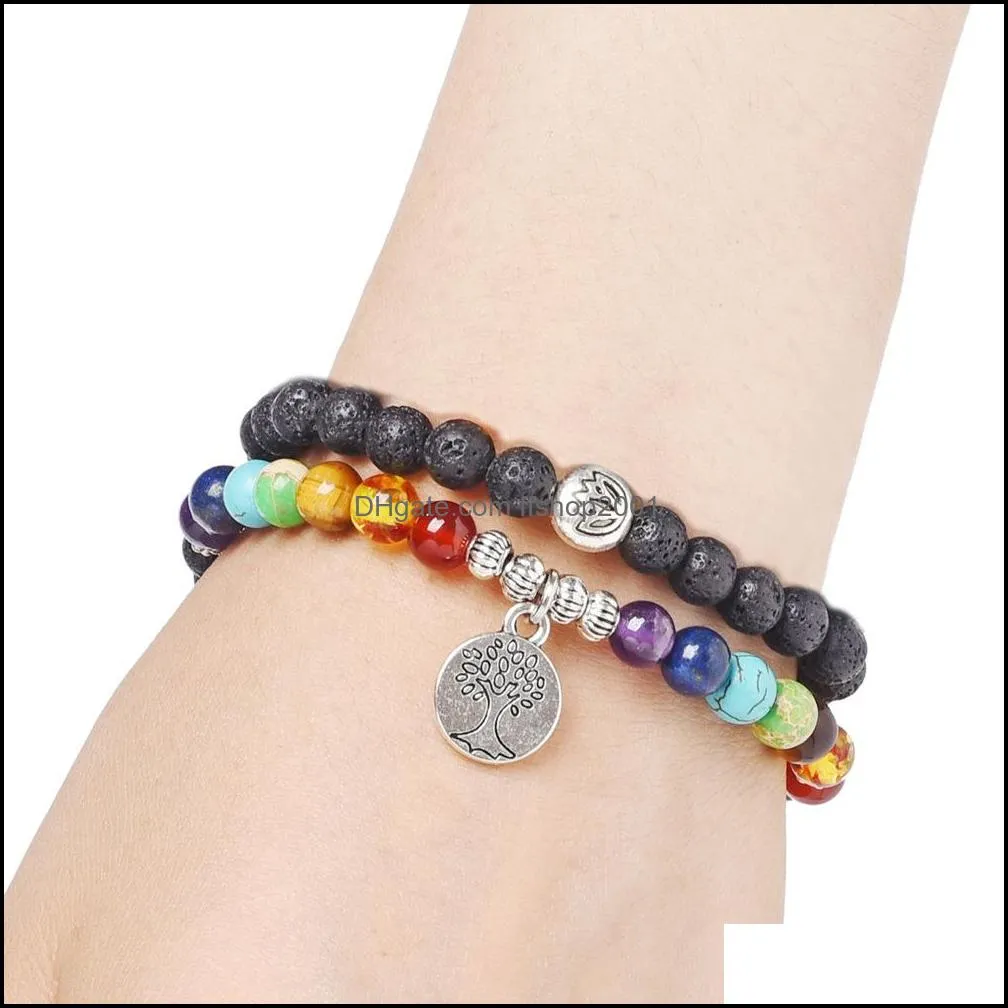 6mm seven chakra tree buddha lotus black lava stone beads bracelet women men bangle beaded wrap hand strings