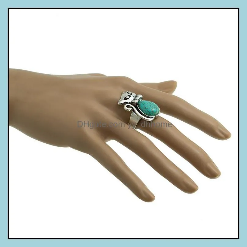 europe and america ring green pine ancient silver retro bow kitten shape turquoise female ring