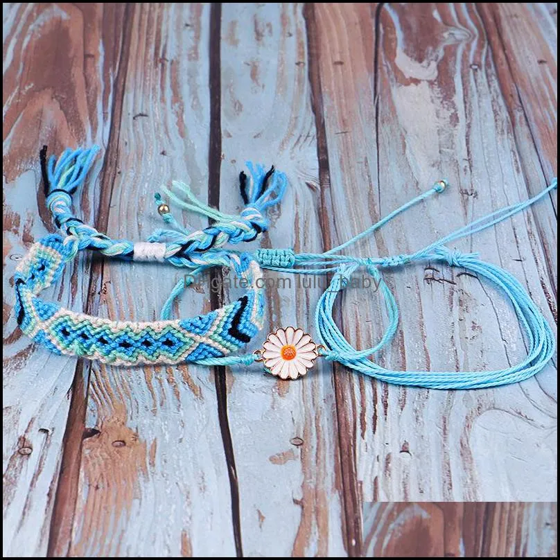 daisy flower wax line braided blue color bohemian bracelet set braided rope waterproof marine surf bracelet bohemian