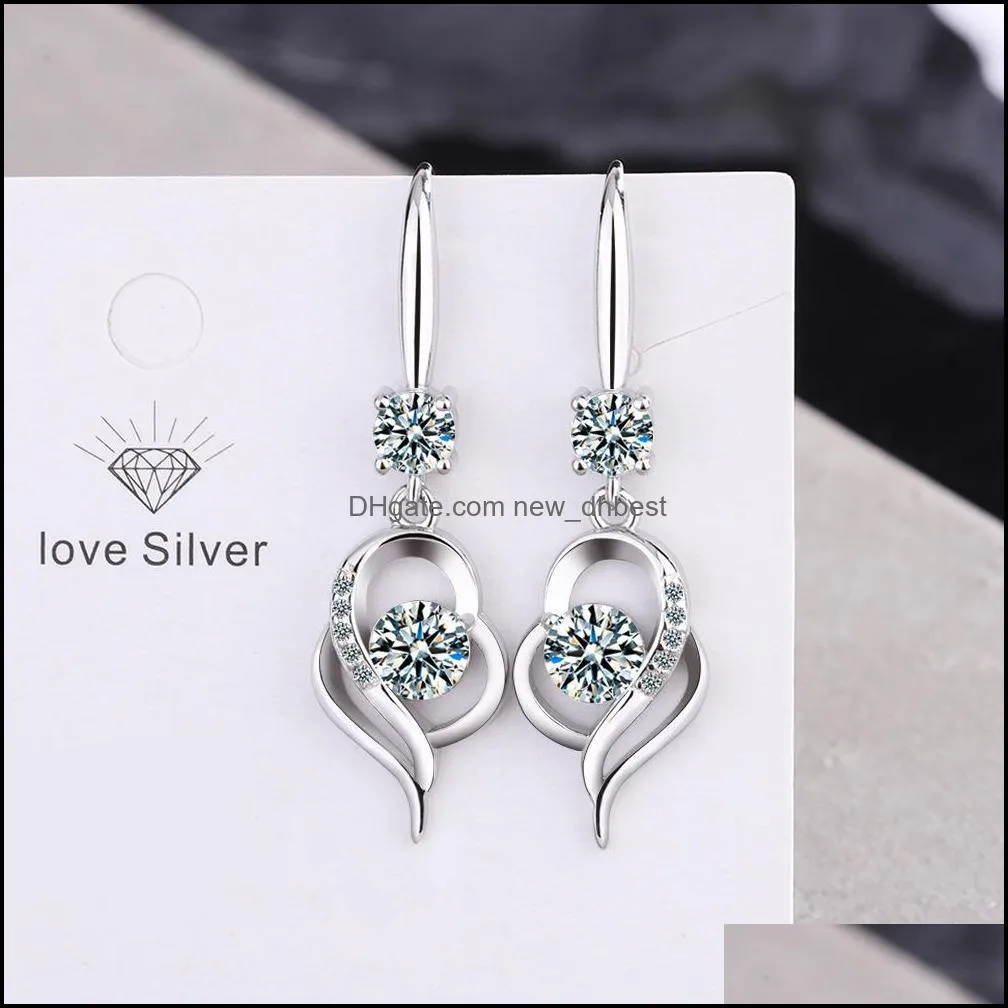 s925 stamp silver plated crystal waterdrop heart charms pink blue white zircon earrings tassel hook women`s fashion jewelry earrings wedding party