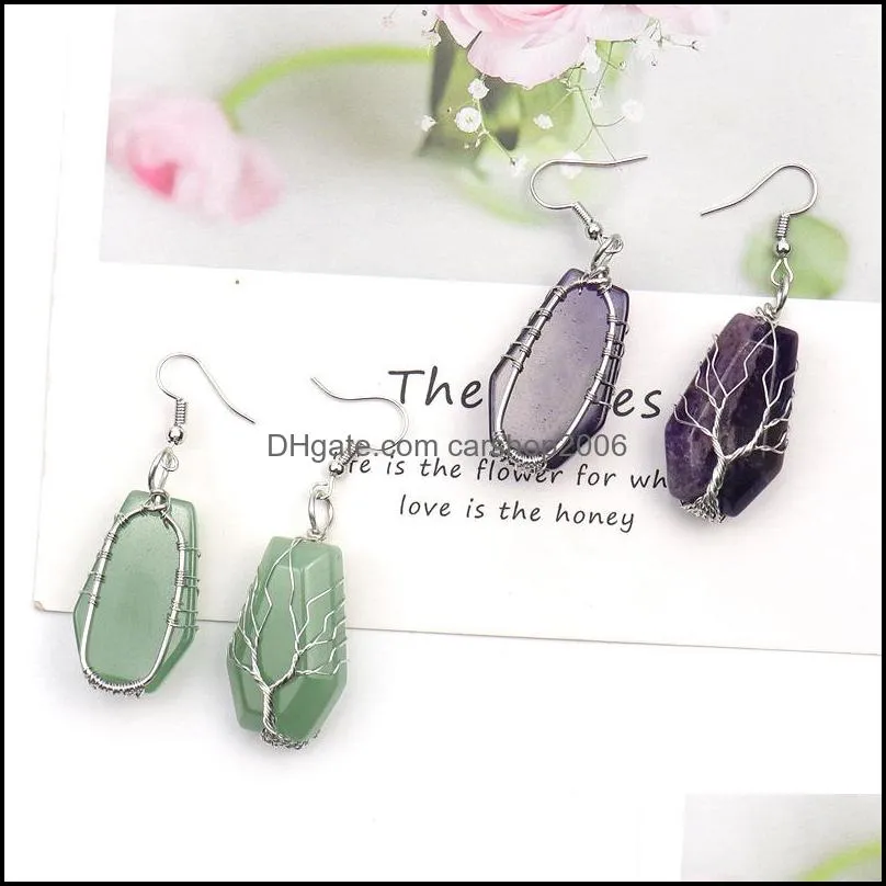 natural stone crystal agate dangle earrings wrap tree of life lucky treature coffin shape charms earrings wholesale women jewelry