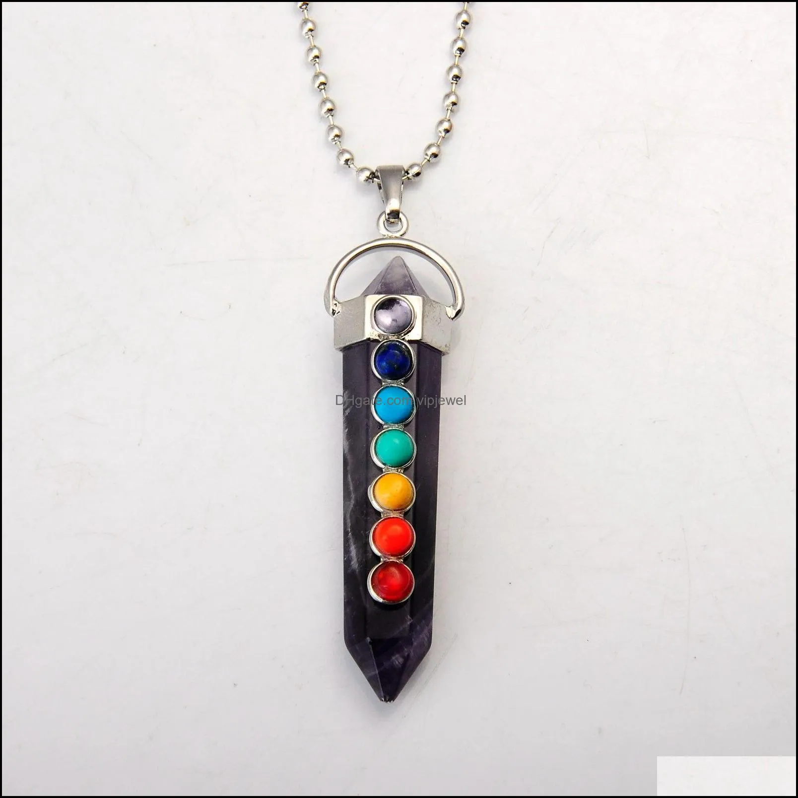 wholesales 2018 new style natural amethsyt reiki power gemstone necklace pendant with 7 crystal and silver findings 1pcs for fashion