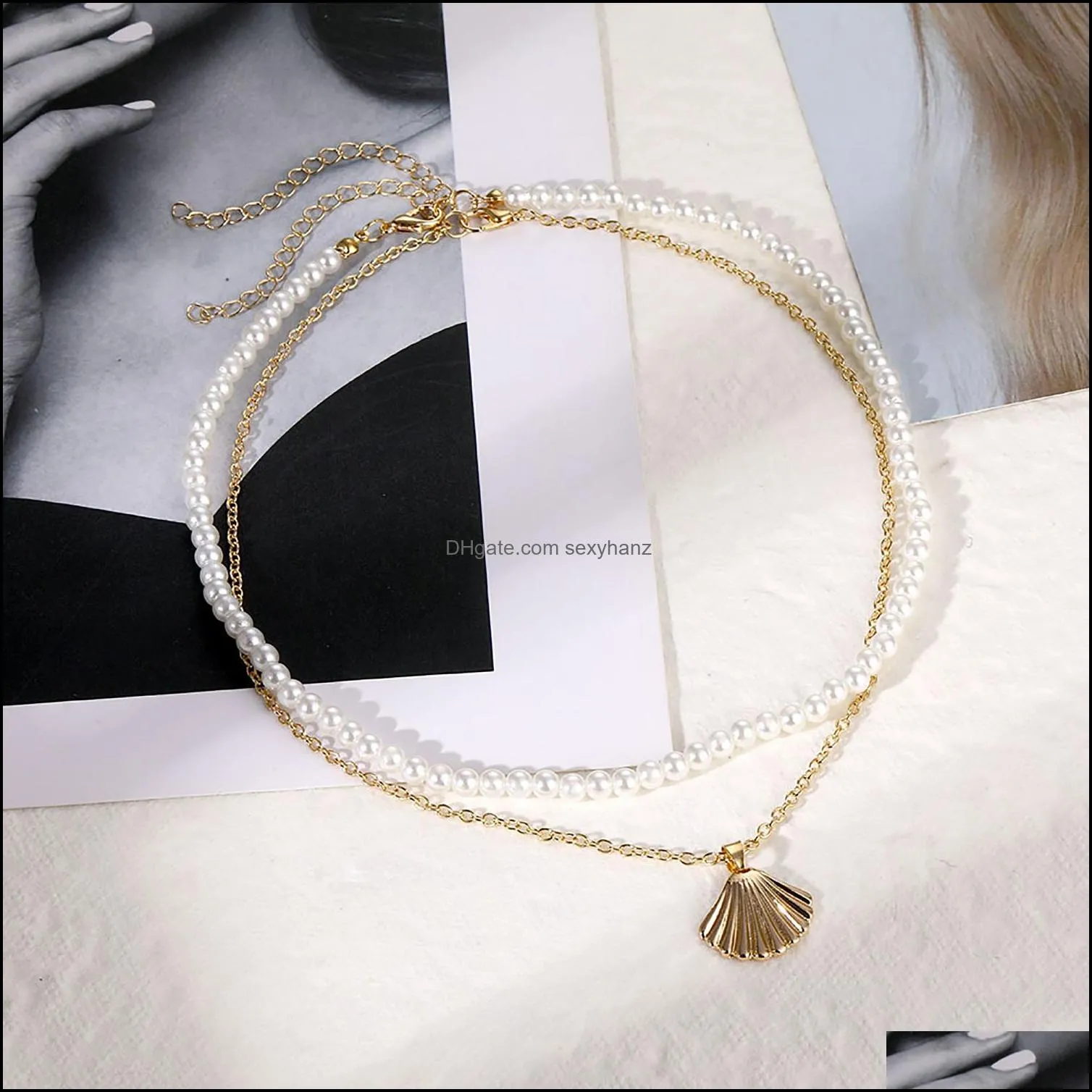 double layer pearl shell choker necklace for women bohemia summer vacation beach scallop necklaces ocean girl`s jewelry