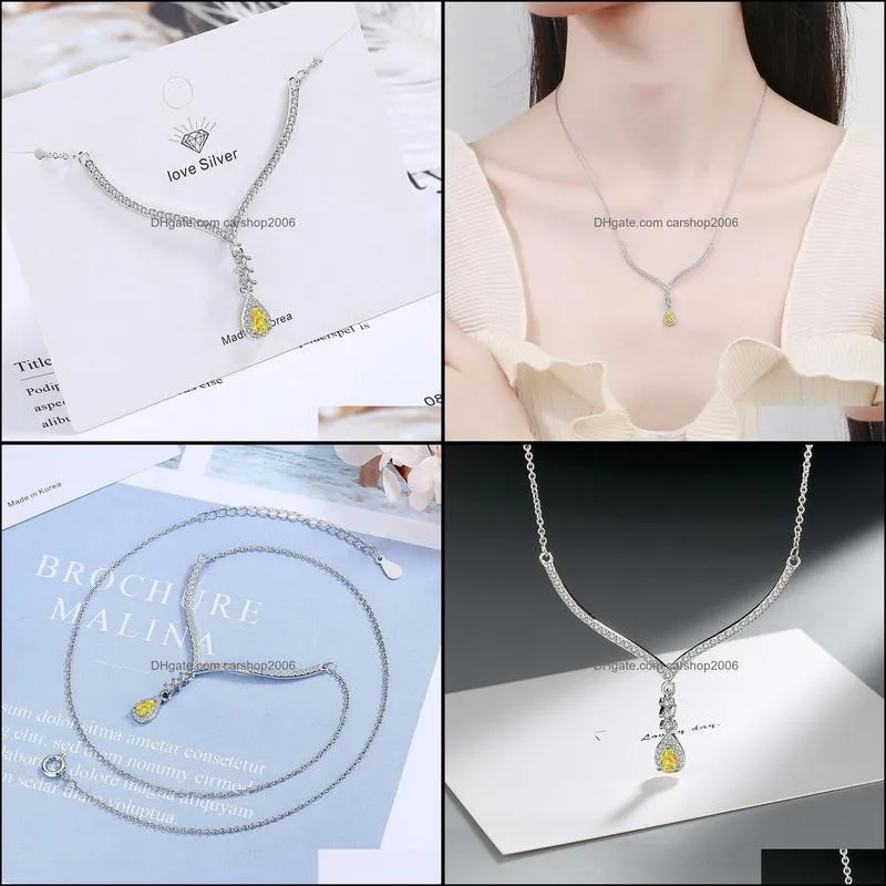 crystal white yellow zircon waterdrop pendant necklace women`s fashion jewelry silver plated chain jewelry for women wedding party
