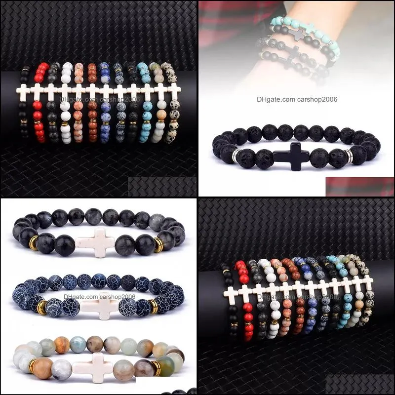 fashion jesus cross charm strands bracelets men nature lava stone 8mm white beads bracelets prayer reiki bangles for women yoga