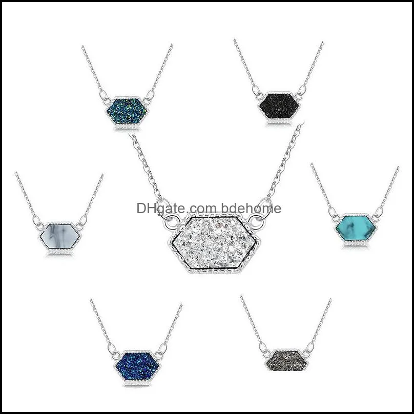 high quality geometry druzy drusy pendant necklace for women resin silver gold plating 10 color necklace fashion jewelry wholesale