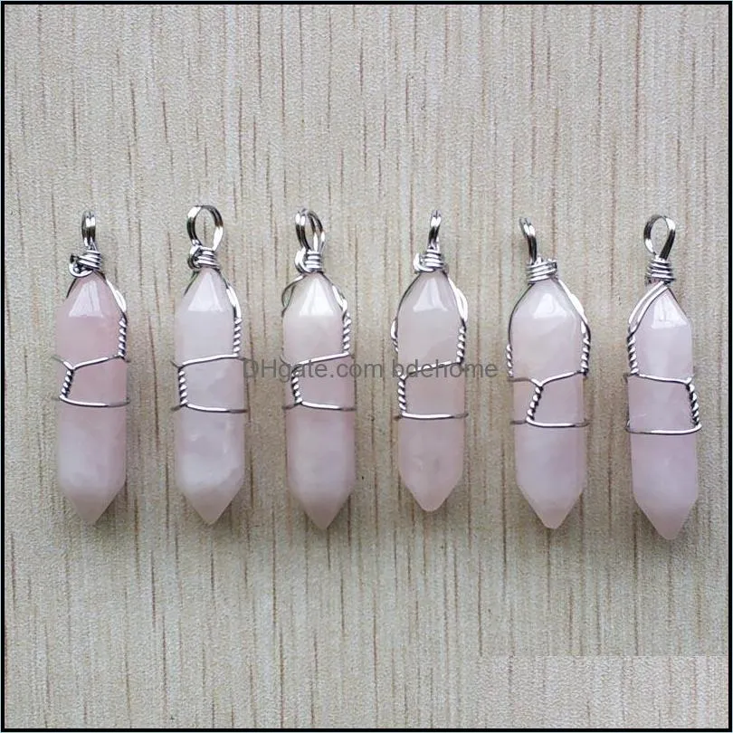 silver color wire wrapped rose quartz hexagon pendulum chakra charms pendant healing pink crystal stone hangings fashion jewelry making