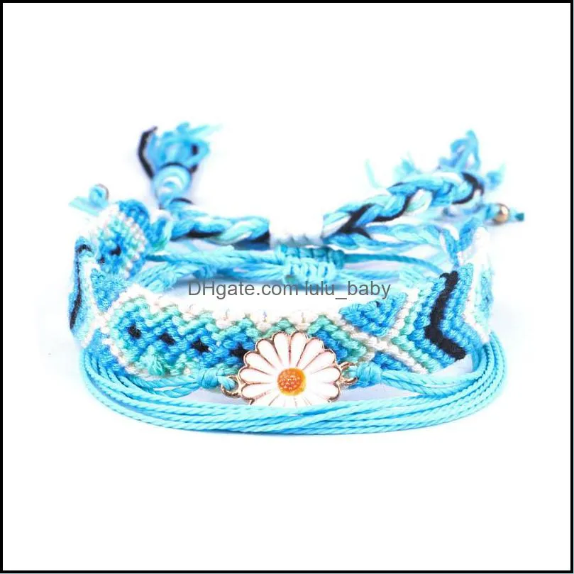 daisy flower wax line braided blue color bohemian bracelet set braided rope waterproof marine surf bracelet bohemian