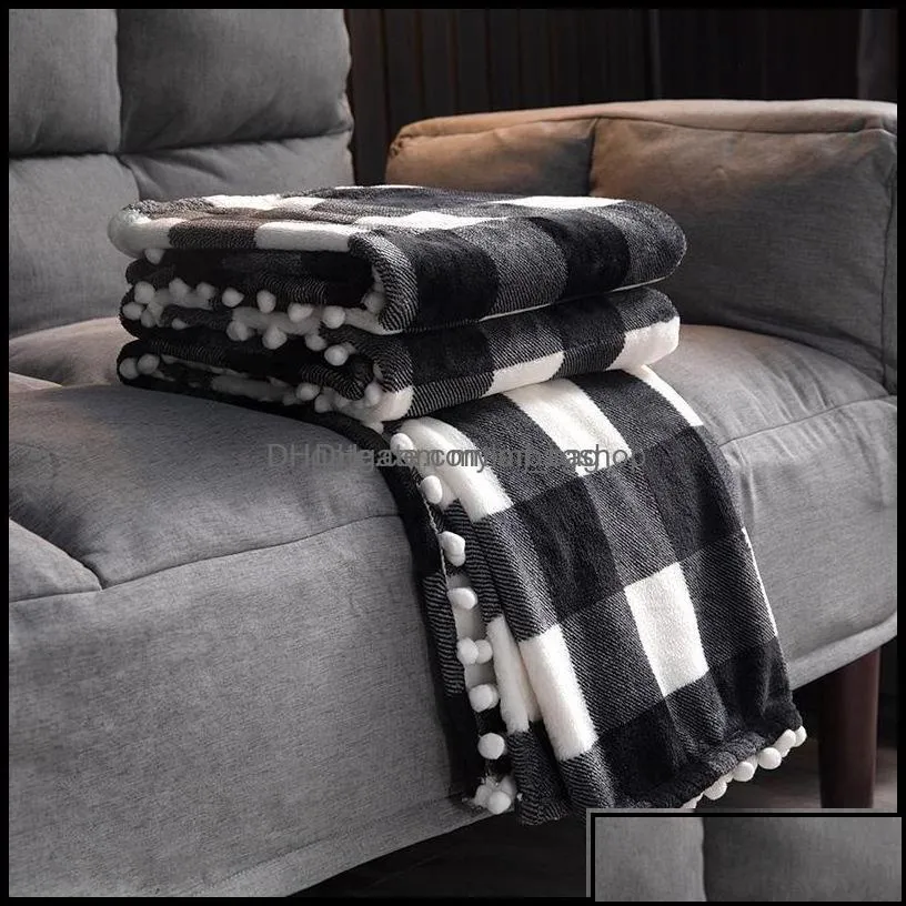 blankets home textiles garden plaid flannel throw blanket with pom pomsblack white checkered soft plush microfiber for couch sofa drop