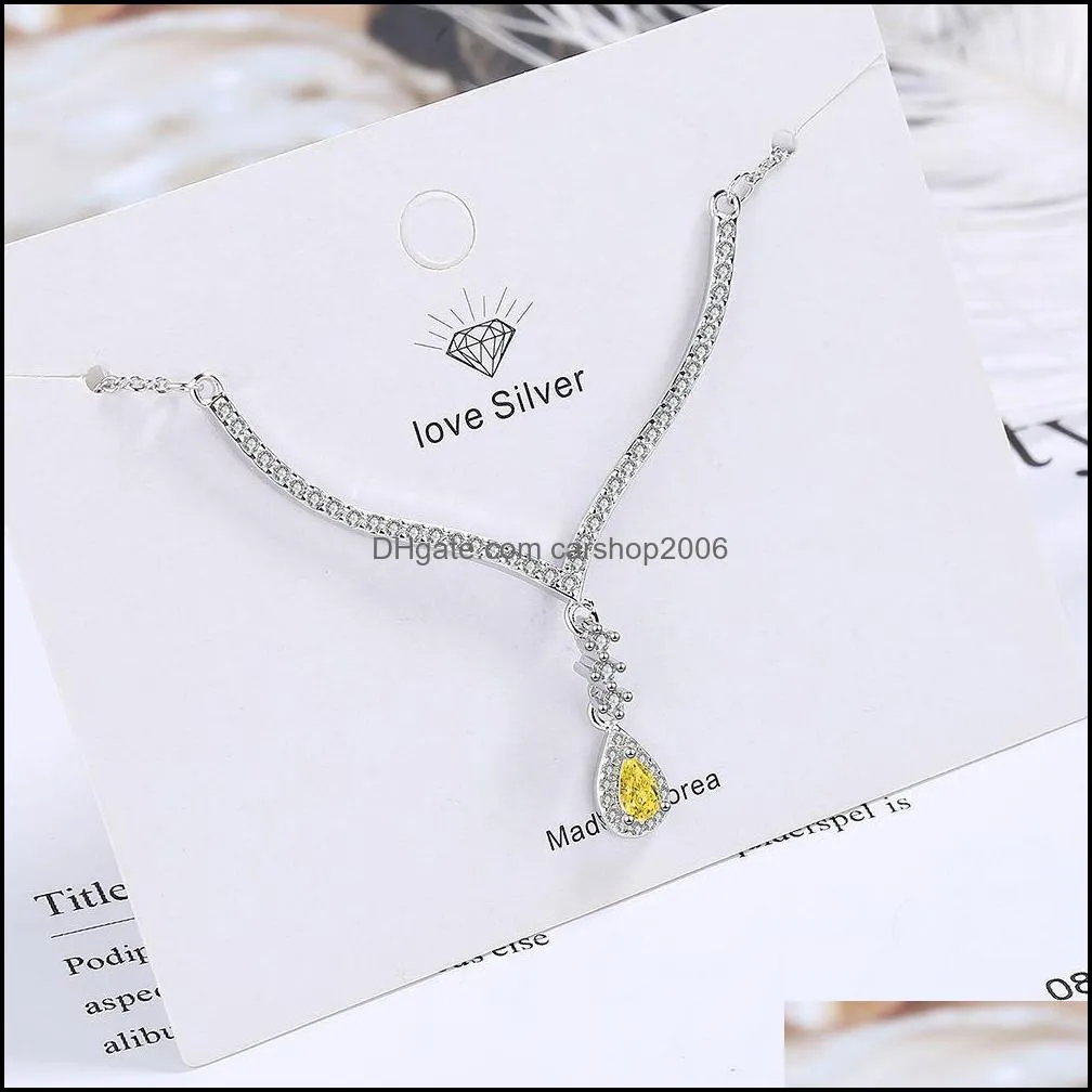 crystal white yellow zircon waterdrop pendant necklace women`s fashion jewelry silver plated chain jewelry for women wedding party