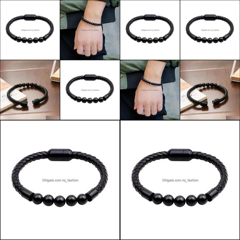 chakra lava rock leather bracelet cowhide braided mens bracelet healing balancing genuine leather bracelets with magnetic-clasp