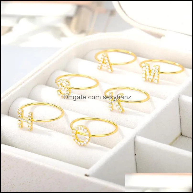 tiny rhinestone initial letter zircon ring gold stainless steel 26 a-z couple rings for women men fashion adjustable jewelry friendship