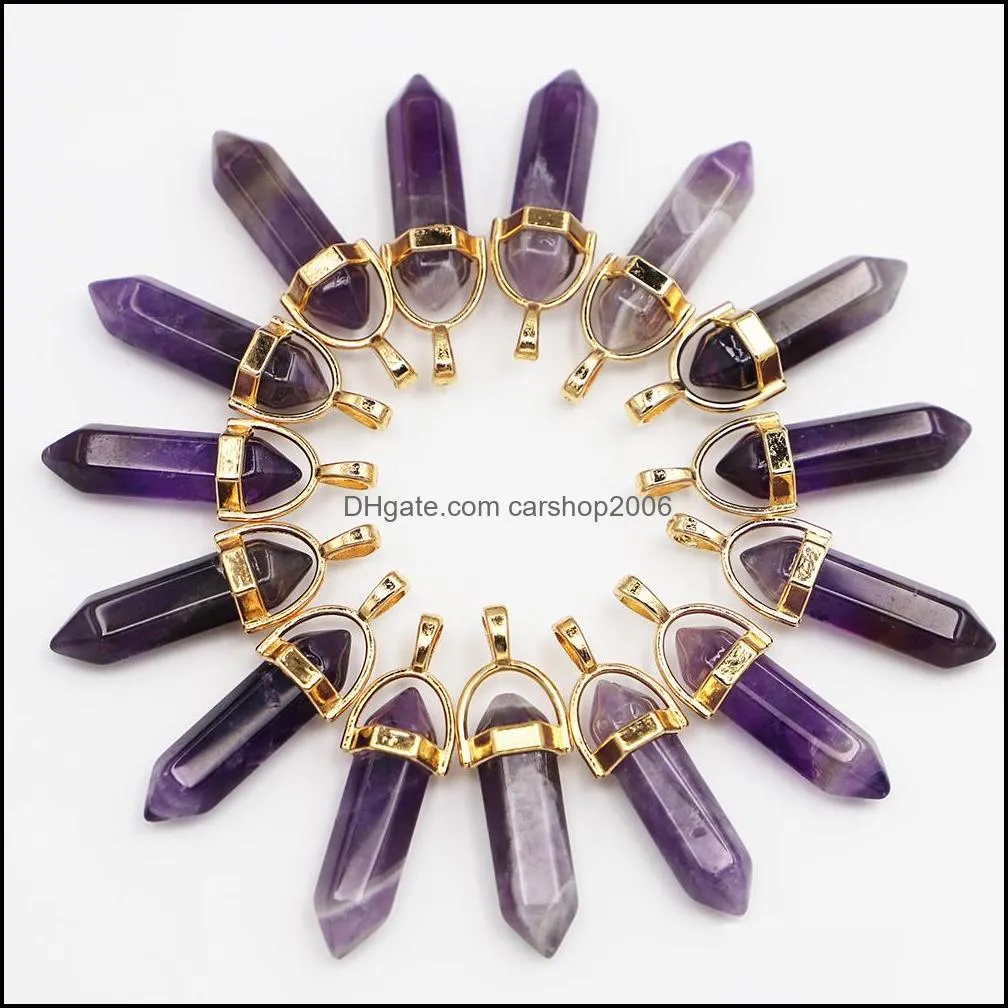 natural stone amethyst hexagon prism shape gold charms pendants for healing crystals stones jewelry making