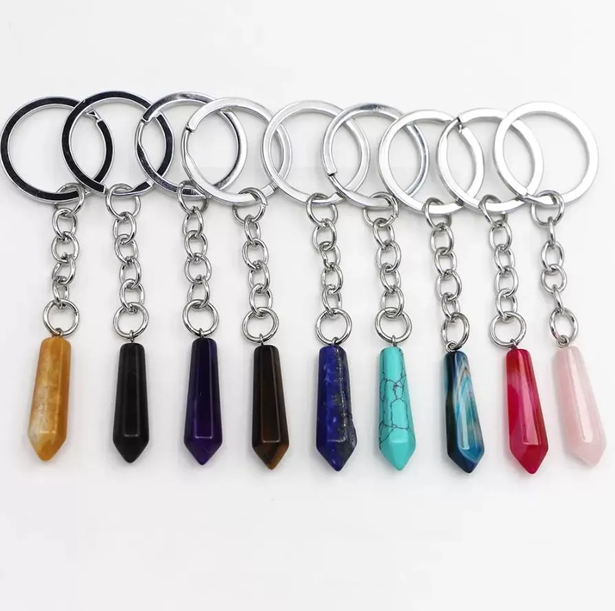 natural stone hexagonal column keychain water drop agate shape columnar pendants key rings on bag car jewelry party friends gift