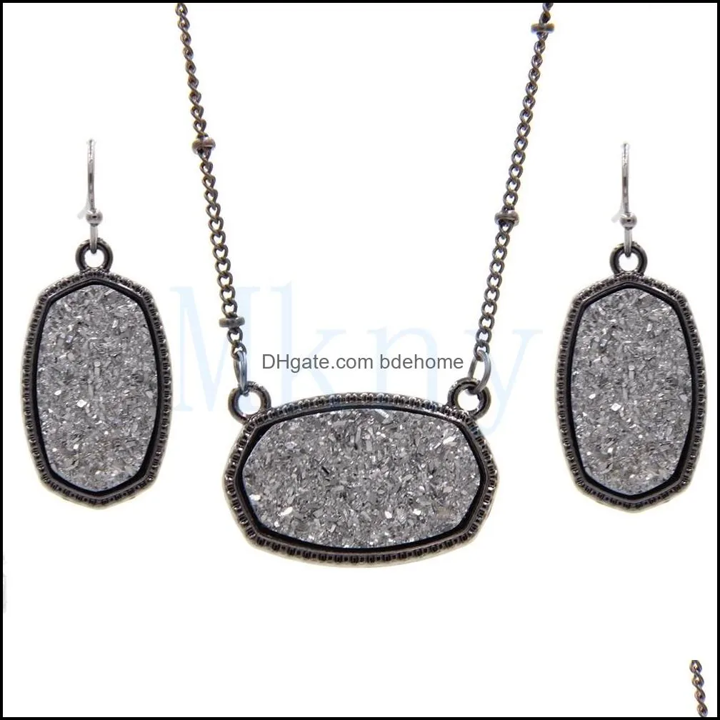 oval style resin drusy druzy necklace earings luxury designer jewelry set for women wedding party gift christmas