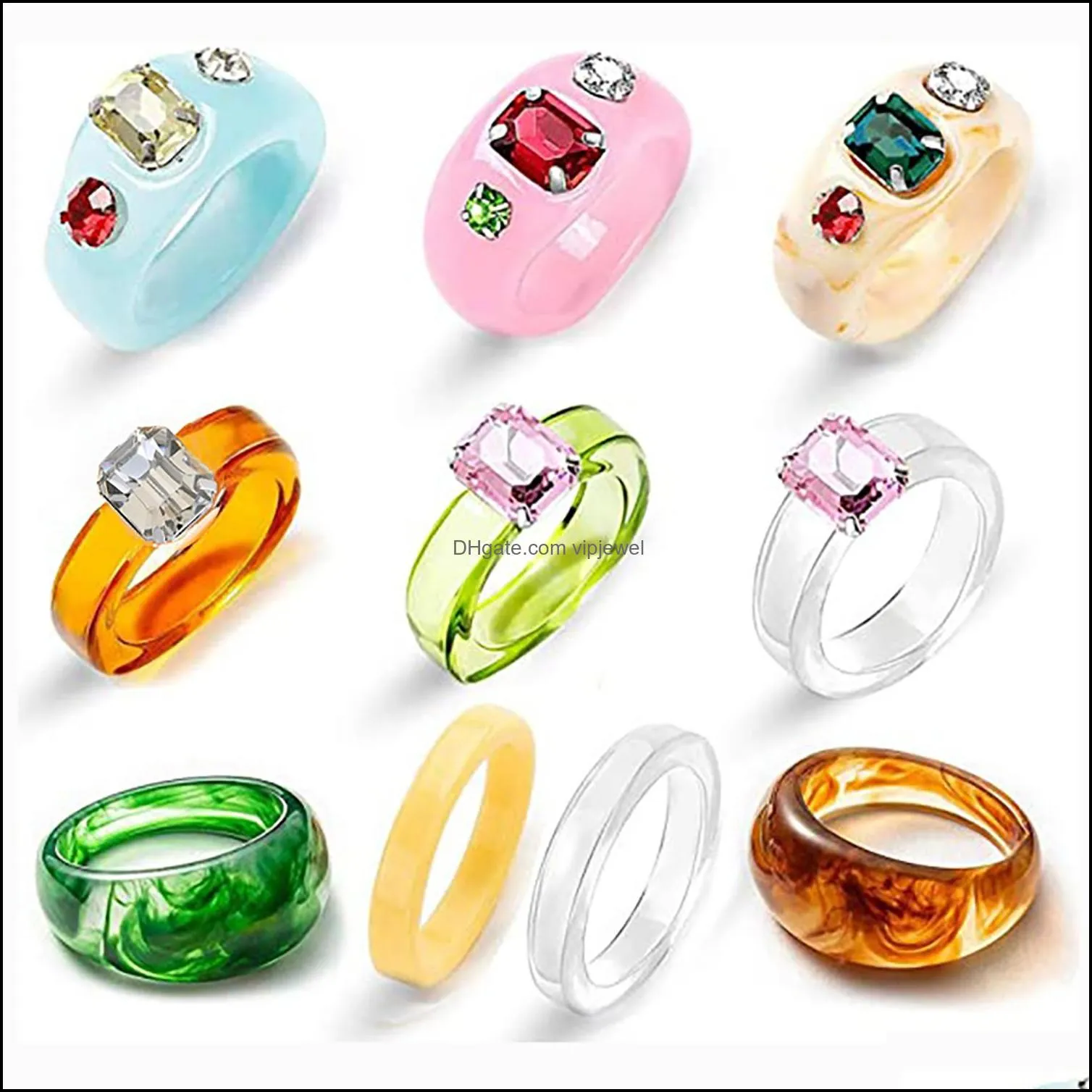 colorful resin rings retro chunky ring unique rhinestone acrylic fashion stacking square jewelry finger trendy gift for women and
