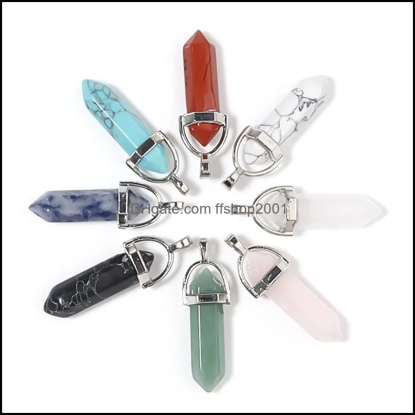 hexagon pendulum chakra pendant healing crystal opal turquoise stone pink quartz necklaces jewelry fashion gold silver plated