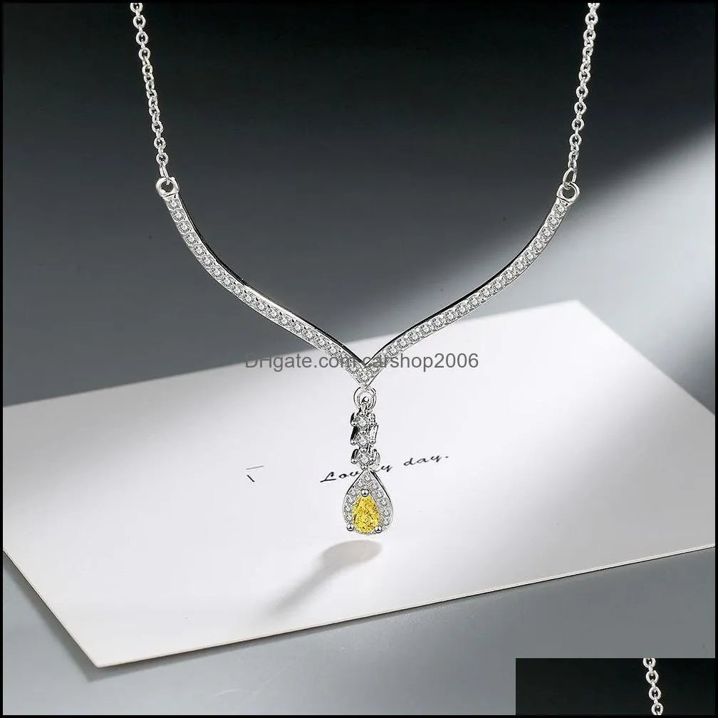 crystal white yellow zircon waterdrop pendant necklace women`s fashion jewelry silver plated chain jewelry for women wedding party