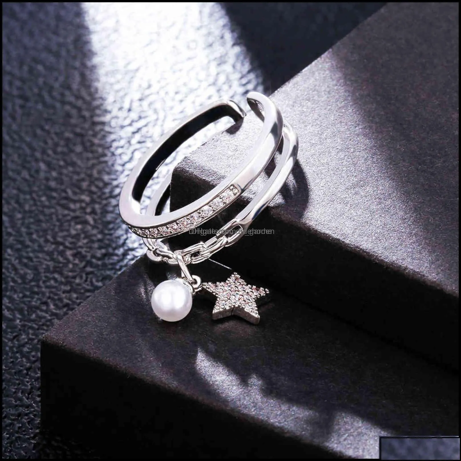 band rings jewelry gold sier color ring for women classic adjustable size plus imitation pearl cz star pendant elegant aessories 2021 drop