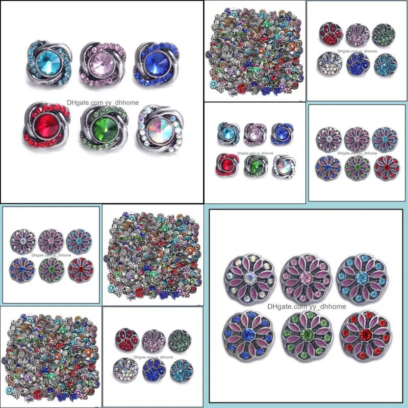 12mm mixed rhinestone flower snap button jewelry components black metal snaps buttons fit bracelet bangle noosa