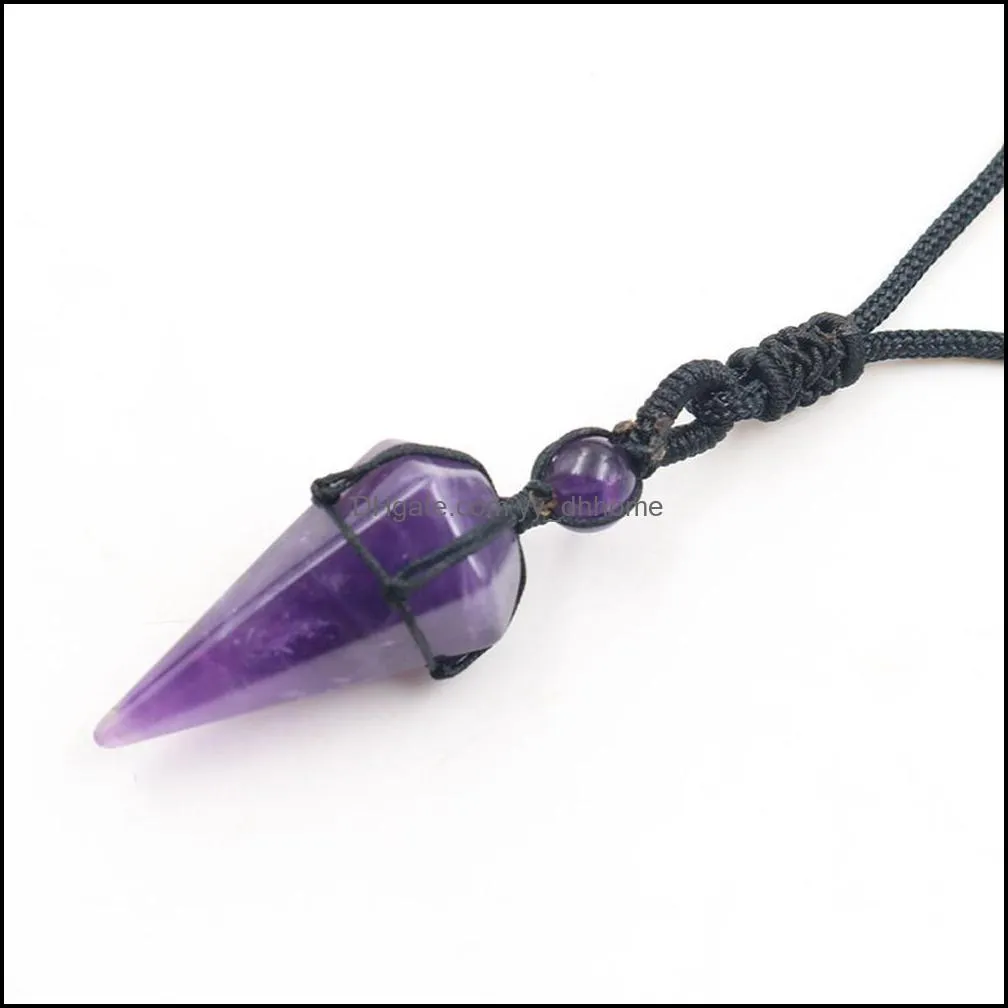 natural stone hexagonal pointed reiki chakra pendants healing quartz crystal dowsing pendulums necklaces cord adjustable