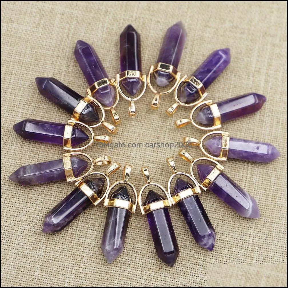 natural stone amethyst hexagon prism shape gold charms pendants for healing crystals stones jewelry making